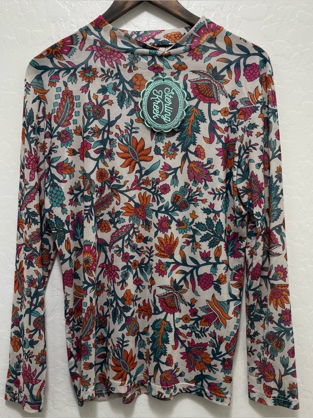 Sterling Kreek Mesh Top “Buy Myself Flowers” Sz L Stretch Beach Layering